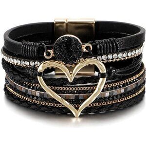 Leopard Bracelet for Women, Boho Leather Wrap Multi-Layer Pearl Crystal Bracelet